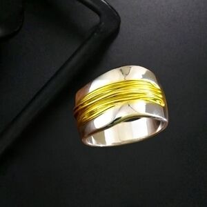 Silver and 18K Gold Threaded Wide Ring For Men or Women